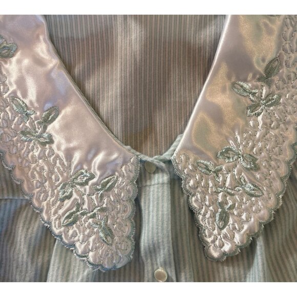 Bellina Pajama Set Womens Med Striped Embroidered Collar Mint Green Flannel Feel - Picture 8 of 13